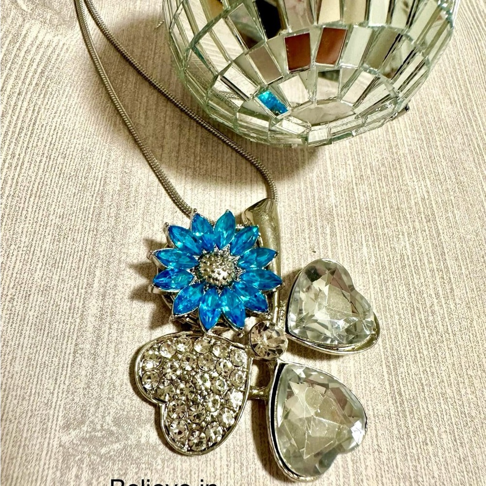 Blue and Silver Floral Heart Pendant Necklace